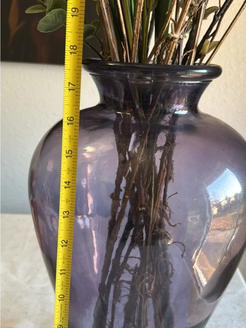 Purple Glass Decorative Floor Vase with Dried Floral Arrangement